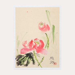 Dipinto sumi-e con fiori di loto vibranti. Inchiostro e acquerelli su carta di riso beige. Dipinto giapponese suibokuga. Arte cinese senza cornice.