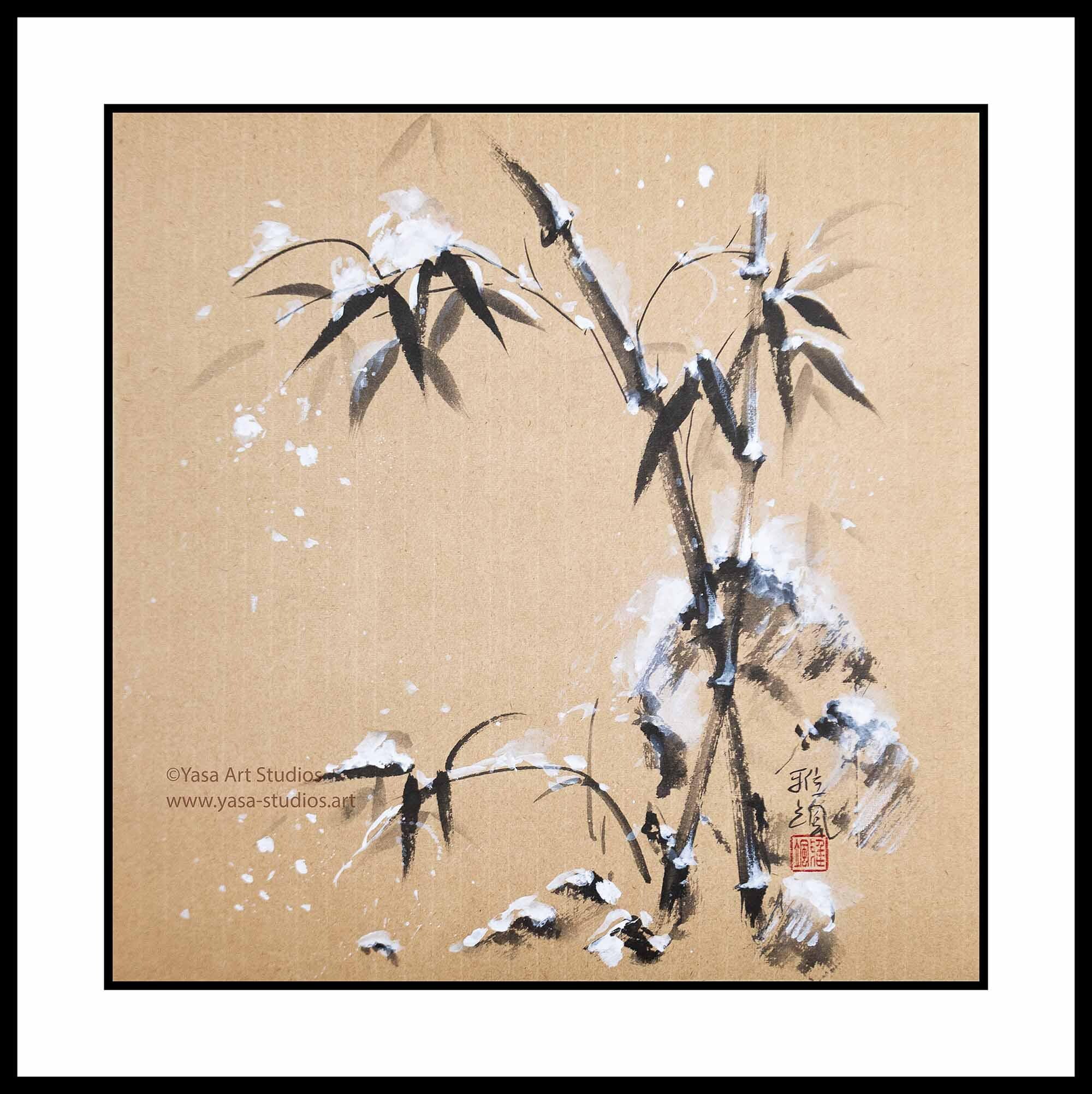 雪中竹図墨絵：和紙に墨と水 - 原画 - Etsy 日本