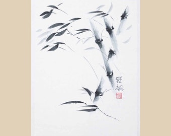 Bamboo Dancing in the Wind - Ink on Rice Paper - Original Japanese Style Painting - Unframed Sumi-e Artwork