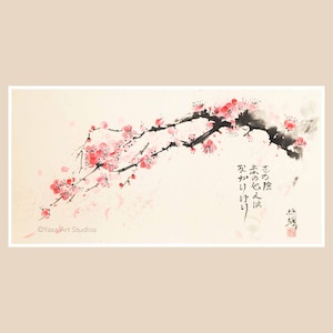 Dipinto originale di fiori di ciliegio, opera d'arte giapponese in stile Sumi con calligrafia, arte murale floreale senza cornice