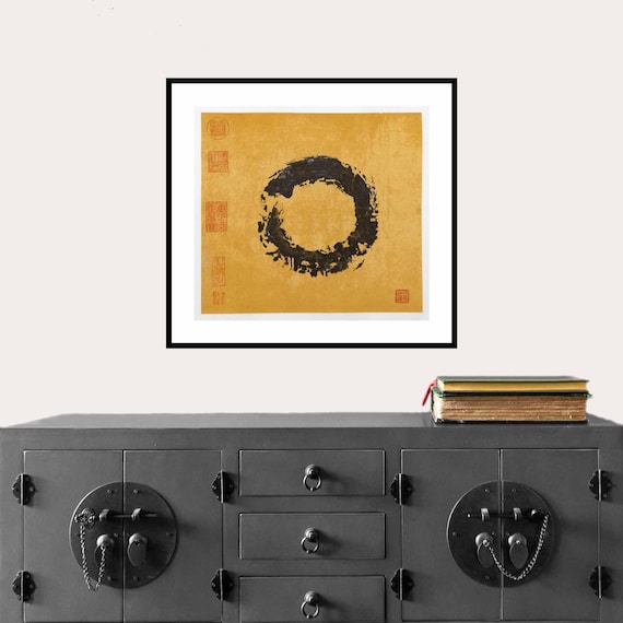 Enso Circle: Ink Painting on Antique Stylised Rice Paper - Japanese Calligraphy Momigami Style