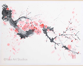 みみ水彩画　満開の桜と太鼓橋　値段は※900円です 桜の墨絵：和紙に描いた桜の水彩画 - Etsy 日本