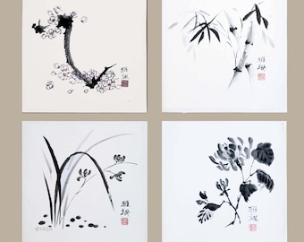 Vier Gentlemen Gemälde - Traditionelle chinesische Kunst - Set von vier quadratischen Original Kunstwerken - Bambus Pflaume Chrysantheme Orchideen Sumi-e