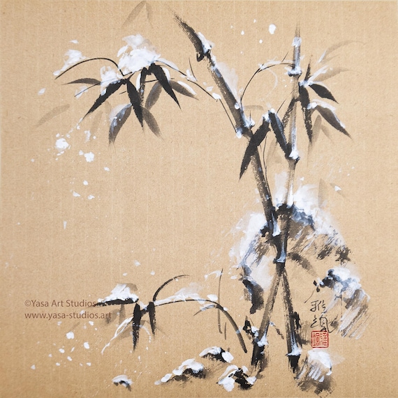 雪中竹図墨絵：和紙に墨と水 - 原画 - Etsy 日本