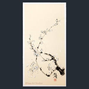 Dipinto originale di fiori di prugna – inchiostro e acquerelli su carta di riso beige = arte giapponese sumi-e – arte murale cinese senza cornice