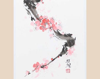 Cherry blossoms painting - Original ink and watercolours on rice paper - Japanese Sakura sumi-e artwork - Unframed Chinese wall art