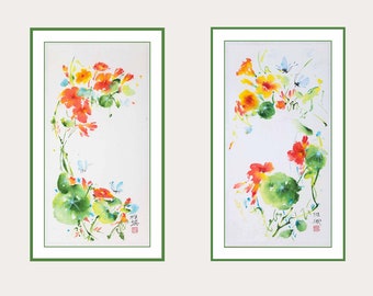 Ensemble de deux fleurs d'été, peintures originales à l'encre et à l'aquarelle, oeuvre d'art japonaise sumi-e suibokuga, art mural coloré