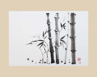 Hand-Painted Bamboo Grove Art - Original Sumi-e Painting on Rice Paper - Japanese Ink Artwork