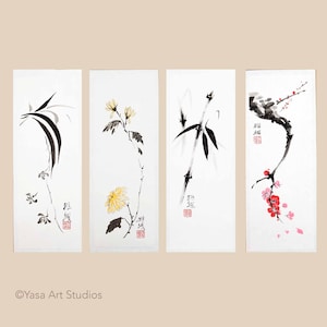 Quattro dipinti di gentiluomini - Arte tradizionale cinese - Set di quattro opere d'arte originali - Bambù, prugna, crisantemo, orchidee, Sumi-e - Senza cornice
