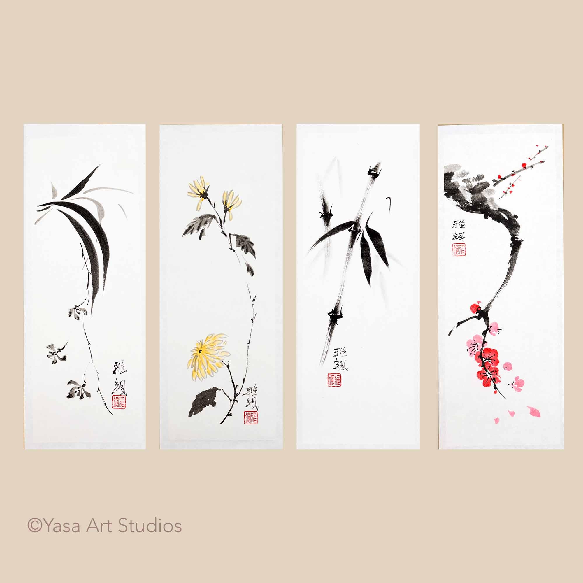 Vier Gentlemen Gemälde - Traditionelle chinesische Kunst - Set von vier Original Kunstwerken - Bambus Pflaume Chrysantheme Orchideen Sumi-e - Ungerahmt