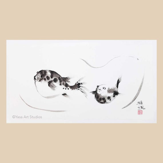 フグの墨絵：和紙に描かれた日本の墨絵（28×15インチ、額装なし