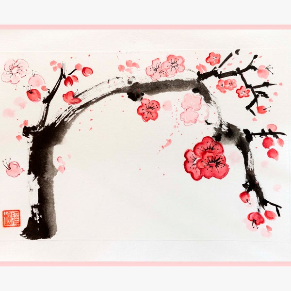 Branche de fleurs de cerisier. Sakura. Encre et aquarelle sur papier de riz. Art japonais. Art chinois. Sans cadre.