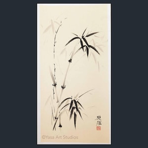 Dipinto di bambù - Inchiostro su carta di riso beige - Opera d'arte giapponese Sumi-e dipinta a mano, arte murale cinese senza cornice
