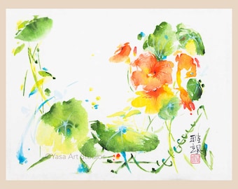 Puede incluir: Pintura a la acuarela de flores naranjas y amarillas con hojas y enredaderas verdes. La obra de arte tiene un fondo blanco e incluye el texto "Yasa Art Studios" y algunos caracteres asiáticos.
