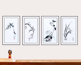四君子図：中国の墨絵芸術 - 梅、蘭、竹、菊 - Etsy 日本