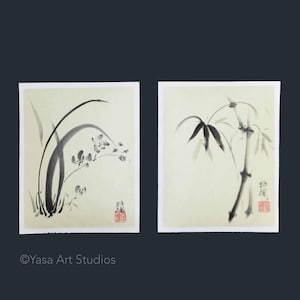 Bambù e orchidee - set di due opere d'arte sumi-s dipinte a mano - arte giapponese - arte murale cinese senza cornice