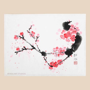 Ramo di ciliegio in fiore vibrante, dipinto sumi-e originale, inchiostro e acquerelli su carta di riso, suibokuga giapponese senza cornice. Opera d'arte cinese.