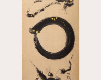 Enso Painting: Ink and Gold Watercolour on Beige Rice Paper, Original Hand-painted Sumi-e Artwork