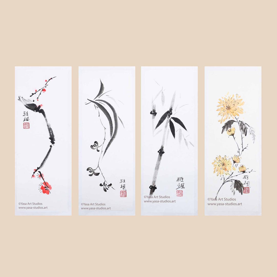 四君子：水墨画・水彩画4枚組 梅竹菊蘭図 - Etsy 日本