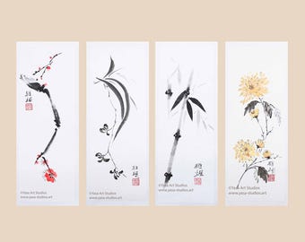 四君子：水墨画・水彩画4枚組 梅竹菊蘭図 - Etsy 日本
