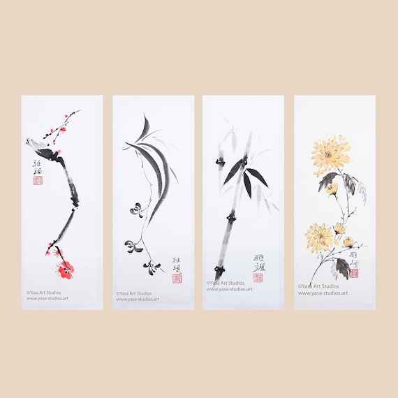 四君子：水墨画・水彩画4枚組 梅竹菊蘭図 - Etsy 日本