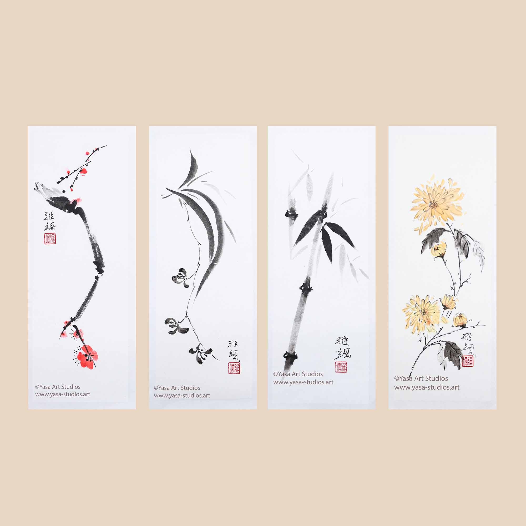 四君子：水墨画・水彩画4枚組 梅竹菊蘭図 - Etsy 日本