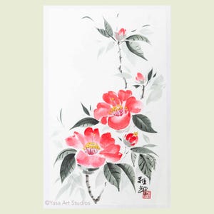 Fiori di camelia tsubaki - Dipinto originale a mano con inchiostro e acquerello su carta washi giapponese - Arte murale in stile Sumi-e - Senza cornice