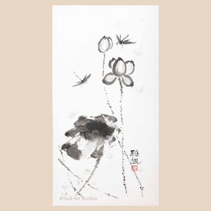 Dipinto originale di fiore di loto - inchiostro e acquerelli su carta di riso - arte giapponese sumi-e - arte murale senza cornice