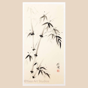 Dipinto di bambù - Inchiostro su carta di riso beige - Opera d'arte giapponese Sumi-e dipinta a mano, arte murale cinese senza cornice