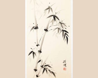 Bamboo Painting - Ink on beige rice paper - Hand-painted Japanese Sumi-e Artwork, Unframed Chinese Wall Art