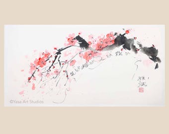 Cherry blossom branch with calligraphy - Ink and watercolour on rice paper - Japanese sakura - Original Sumi-e painting - Unframed