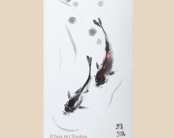 Koi Fish Ink Painting: Sumi-e Watercolour Hand-painted Original on Rice Paper