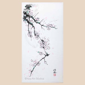 Dipinto originale "Fiori di prugno" - Dipinto a mano - Inchiostro e acquerelli su carta di riso - Sumi-e giapponese - Arte murale cinese senza cornice