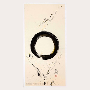 Dipinto originale Enso Circle - Inchiostro e acquerelli dorati su carta di riso beige - Calligrafia giapponese - Arte murale sumi-e senza cornice