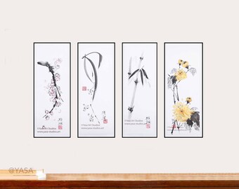 四君子図：オリジナル作品4点セット - 竹、梅、菊、蘭、墨絵 - Etsy 日本