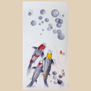 Dipinto di pesce Koi - Inchiostro e acquerelli originali su carta di riso. - Arte giapponese - Arte murale cinese senza cornice