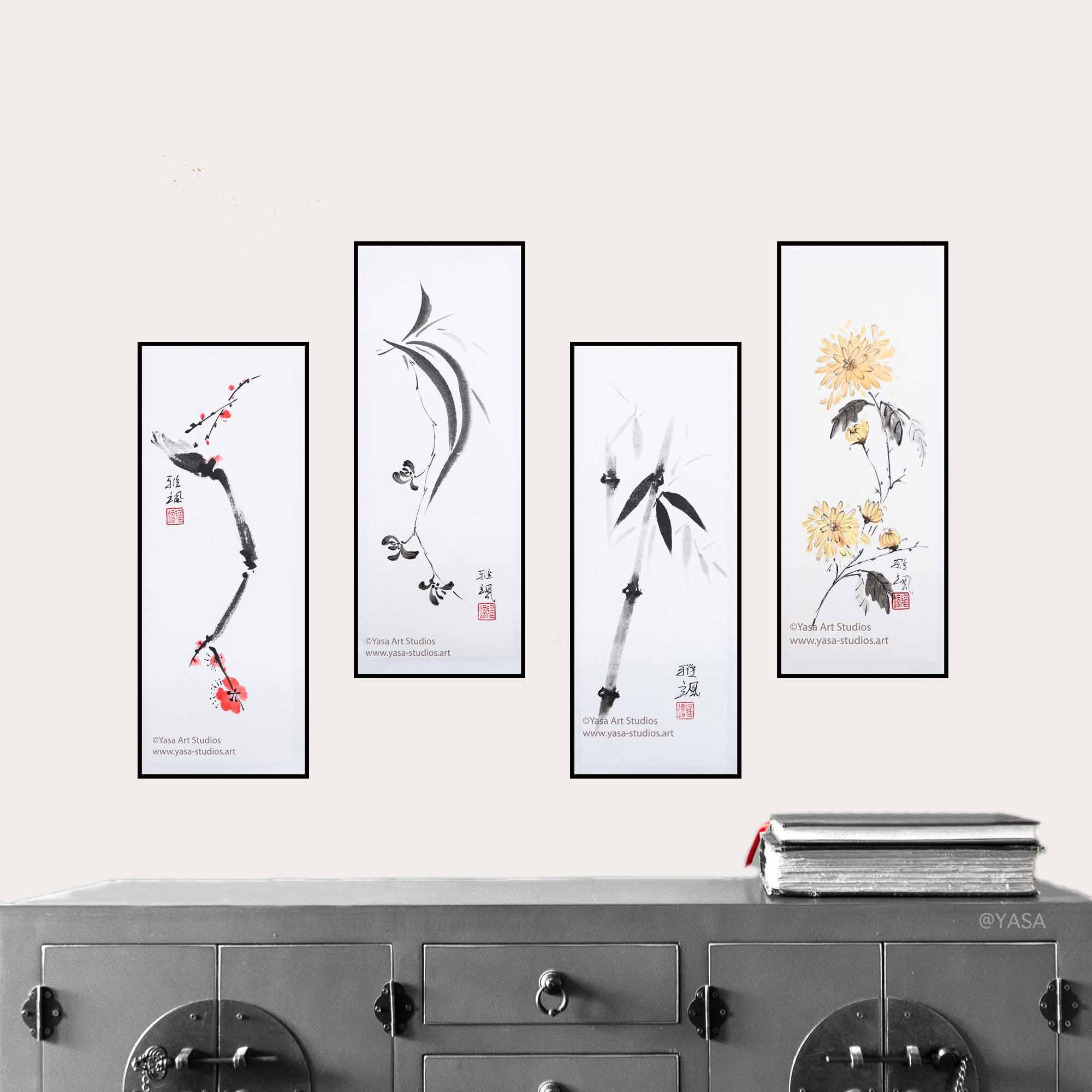 四君子：水墨画・水彩画4枚組 梅竹菊蘭図 - Etsy 日本