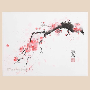 Ramo di ciliegio in fiore dai colori vivaci, dipinto sumi-e originale, inchiostro e acquerelli su carta di riso, suibokuga giapponese senza cornice. Opera d'arte cinese.