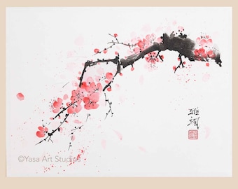 Vibrant Cherry Blossom Branch: Original Sumi-e Painting, Ink & Watercolour on Rice Paper
