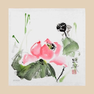 Dipinto originale di fiori di loto, inchiostro e acquerelli su carta di riso, arte giapponese Sumi-e senza cornice, decorazione murale cinese