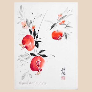 Dipinto originale di melograni, inchiostro e acquerelli su carta di riso, opera d'arte giapponese Sumi-e Suibokuga, arte murale cinese senza cornice