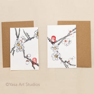手描きカード - 梅の花、桜、竹、蘭、朝顔 - 日本の和紙にインクと水彩で描かれています