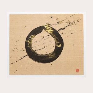 Dipinto Enso - Dipinto originale a mano - Inchiostro e acquerelli su carta di riso beige - Arte murale giapponese sumi-e
