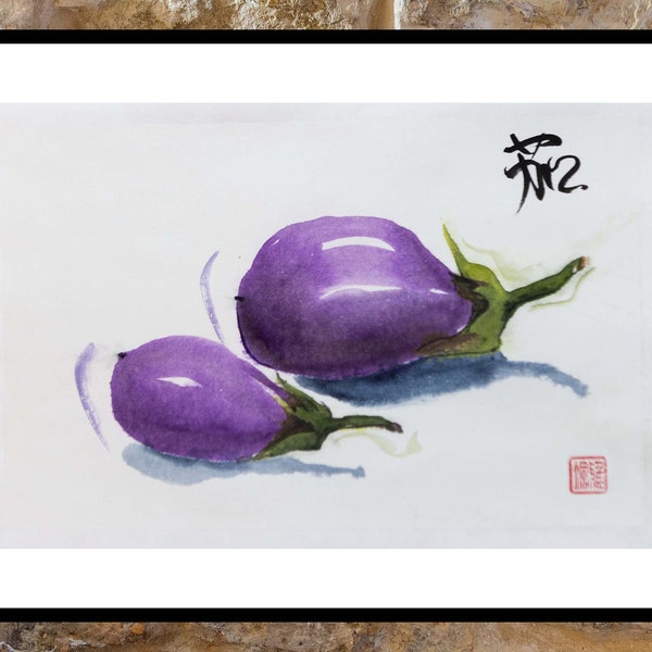 Aubergines vibrantes Aquarelle originale et encre sur papier de riz. Peinture Sumi-e. Oeuvre d'art japonaise Suibokuga. Décoration d'intérieur.