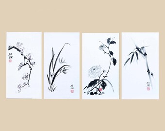 A Taste for the Exotic: Orientalist 新品 Four Gentlemen Paintings: Chinese Sumi-e Art - Plum, Orchid