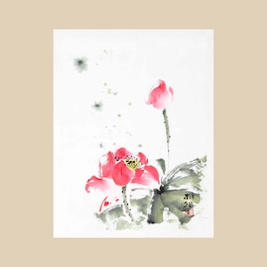 Dipinto originale di un vivace fiore di loto – Inchiostro e acquerelli su carta di riso – Arte giapponese Sumi-e Suibokuga – Decorazione murale cinese.