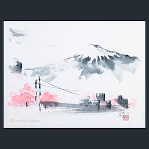 Vista del Monte Fuji dal finestrino del treno shinkansen - Inchiostro e acquerelli su carta di riso - Dipinto sumi-e originale - Senza cornice