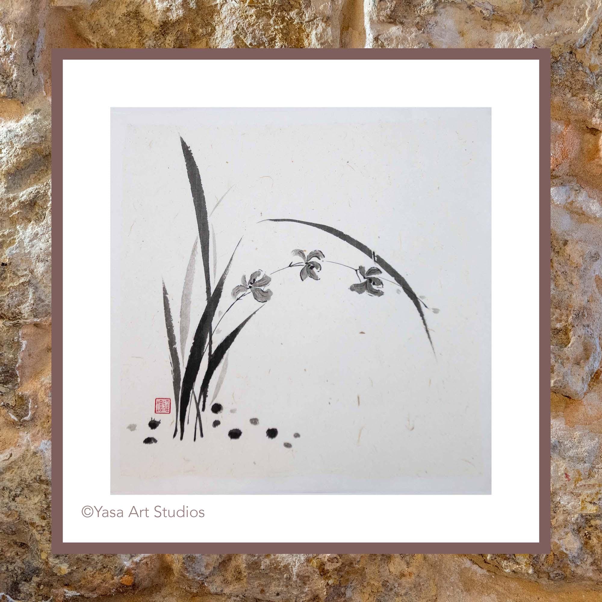 光 風 在 名 絹本淡彩緑彩色 山水画 落款印在 桐箱 Japanese Orchids, Ink on Square Mulberry Paper, Original