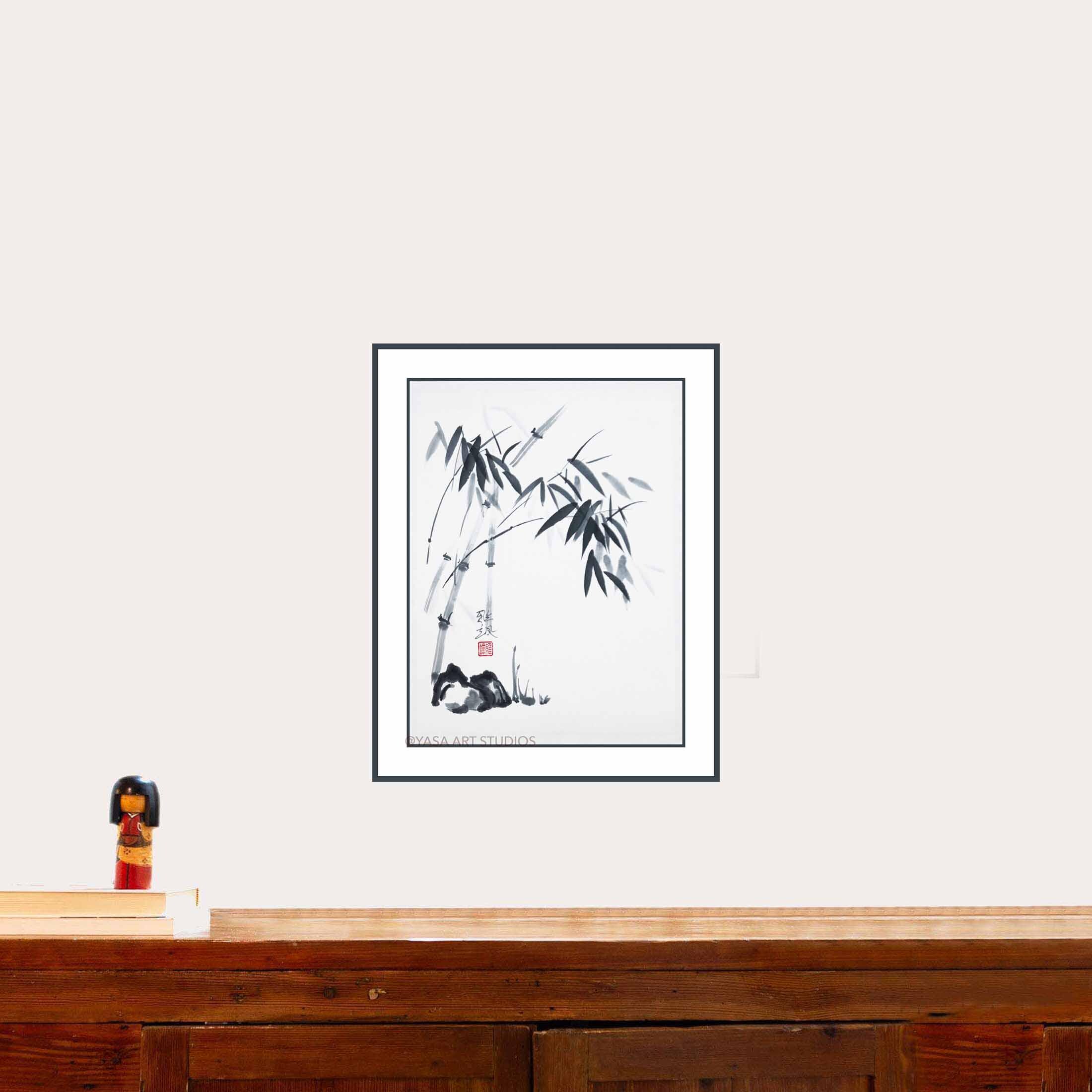 竹と岩：オリジナルの墨絵 - 和紙に墨 - 額なし - Etsy 日本