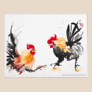 Dipinto di galli che combattono - Inchiostro e acquerelli su carta di riso - Sumi-e giapponese - Arte murale dello zodiaco cinese